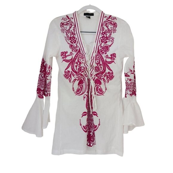 Steve Madden Retro Red Print Hippie Boho Lace Up Tunic Mini Dress Size M - Picture 9 of 10